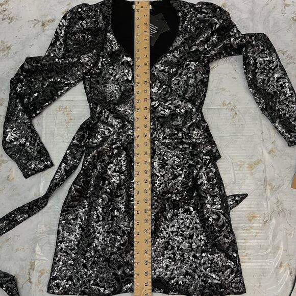 Reformation Long Sleeve Sequins Wrap Cocktail Party Mini Dress XS Black - Picture 14 of 15